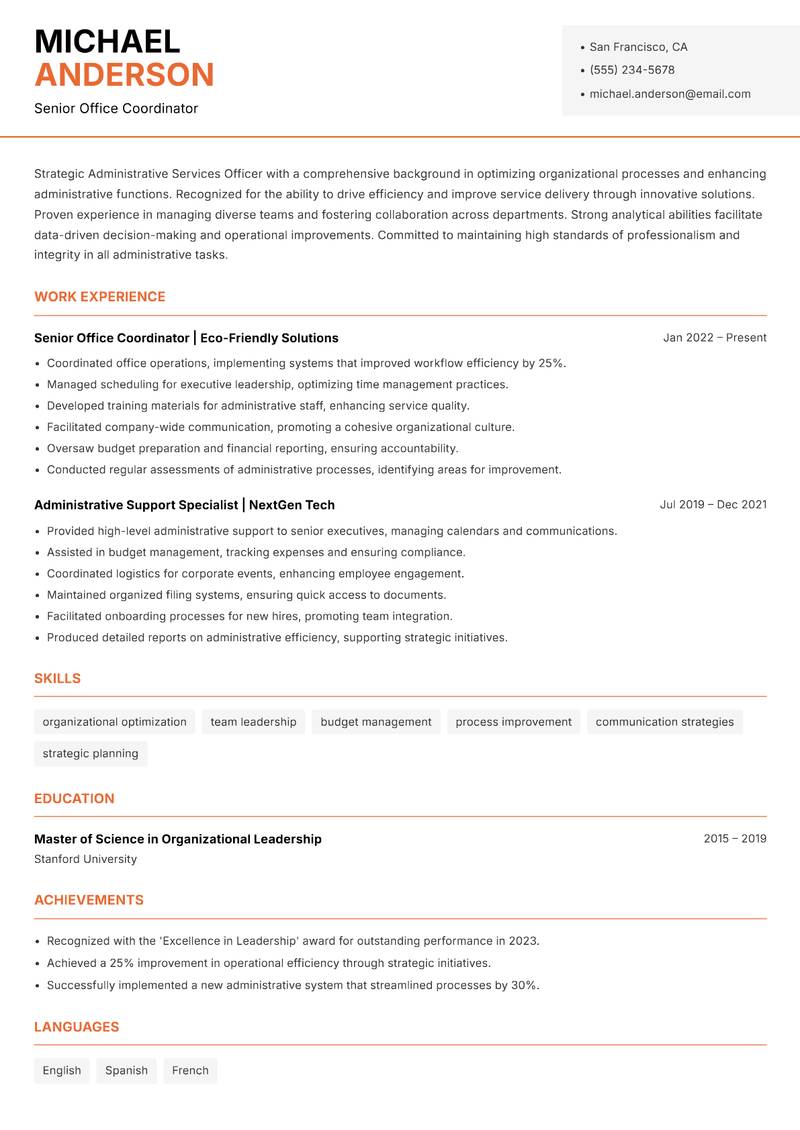 Administrative Services Officer resume sample — Senior Office Coordinator focus