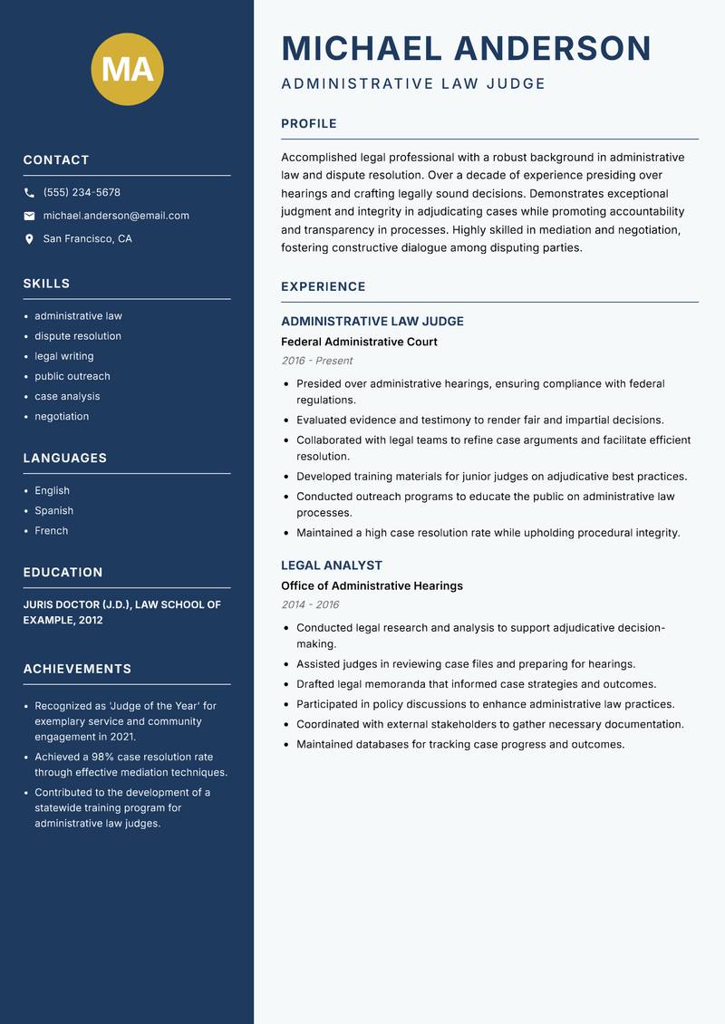 Administrative Tribunal Member resume sample — Administrative Law Judge focus