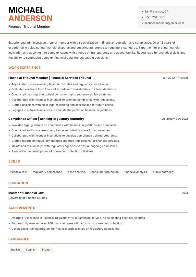 Administrative Tribunal Member resume sample — Financial Tribunal Member focus