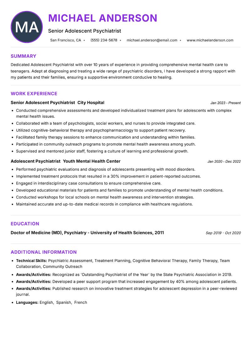 Adolescent Psychiatrist resume example