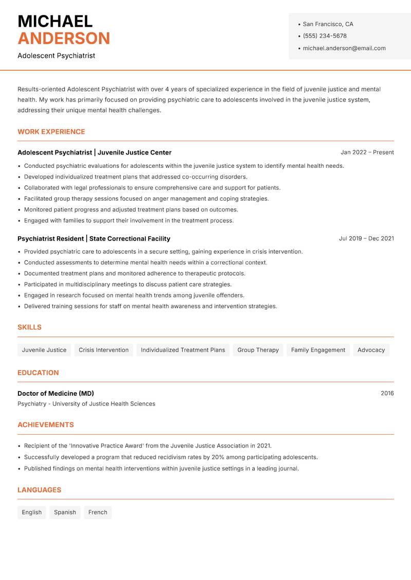 Adolescent Psychiatrist resume sample — Adolescent Psychiatrist focus