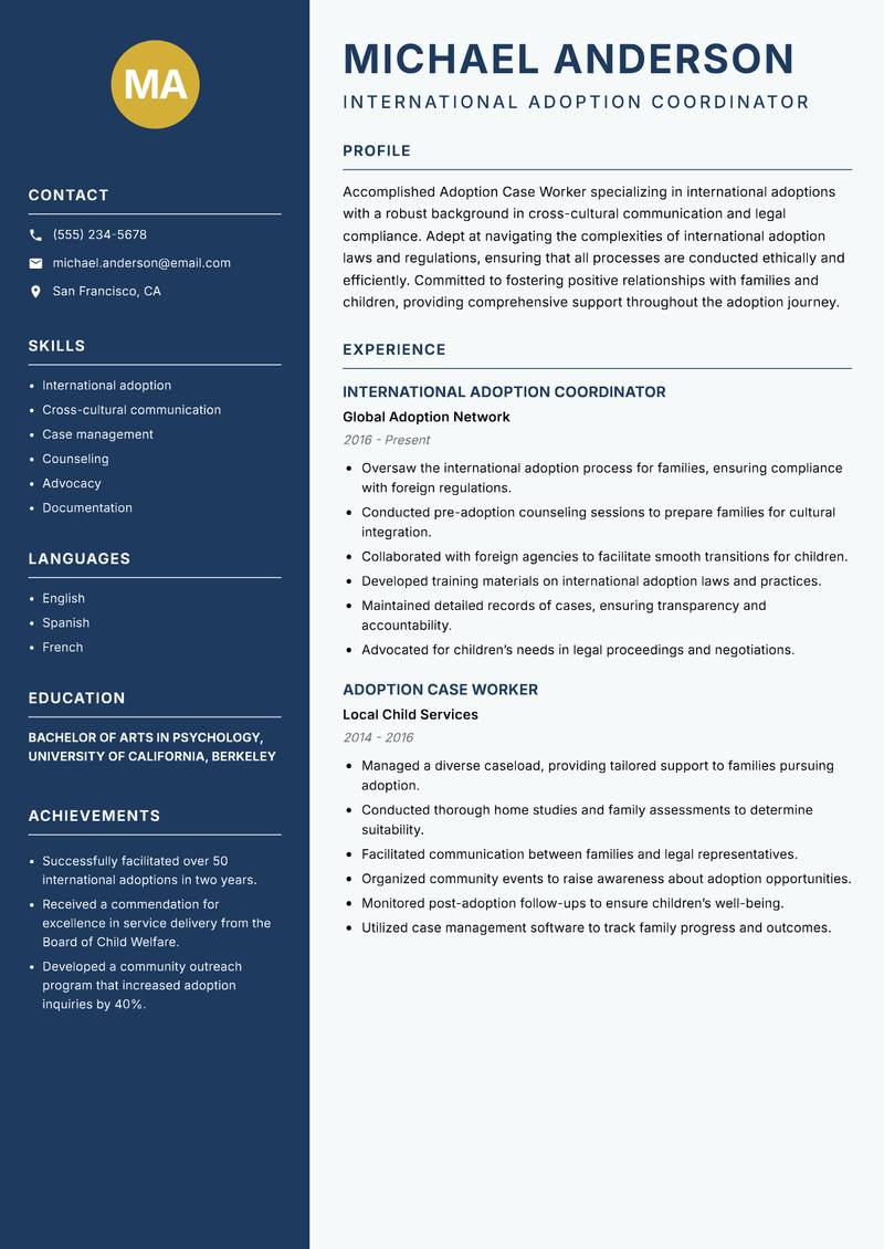 Adoption Case Worker resume sample — International Adoption Coordinator focus