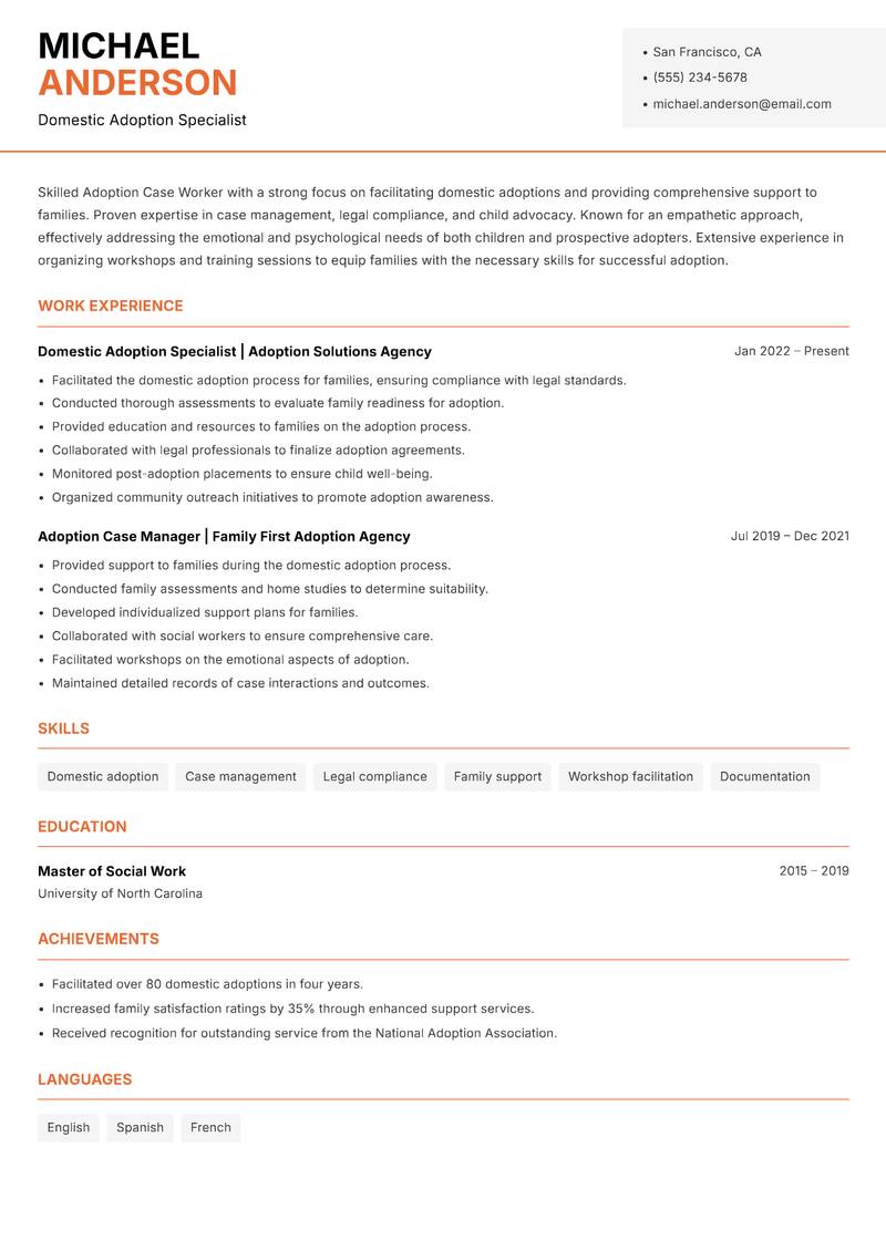 Adoption Case Worker resume sample — Domestic Adoption Specialist focus