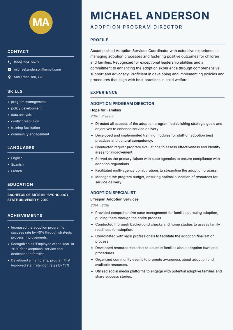 Adoption Services Coordinator resume sample — Adoption Program Director focus