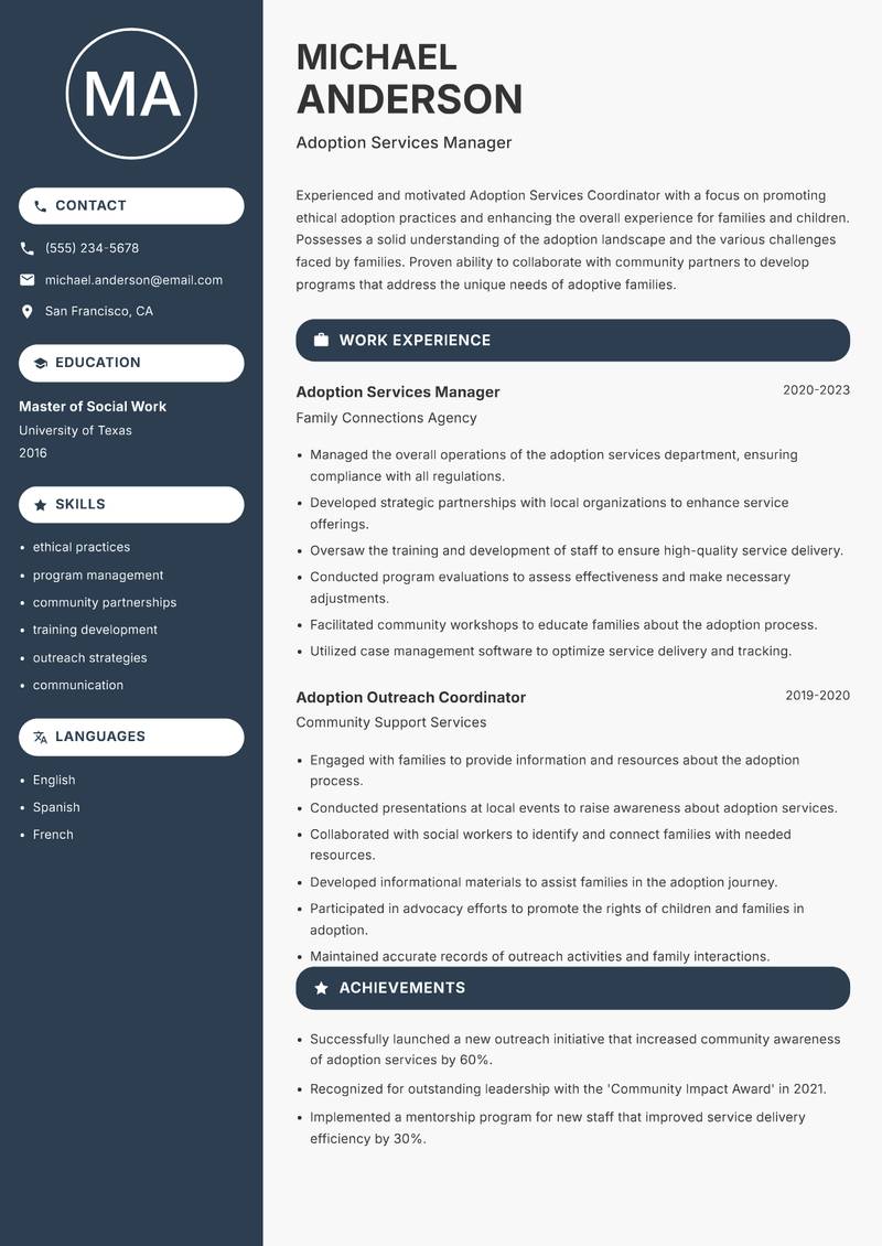 Adoption Services Coordinator resume sample — Adoption Services Manager focus