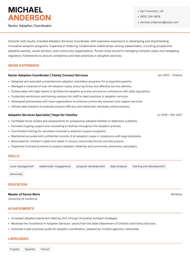 Adoption Services Coordinator resume sample — Senior Adoption Coordinator focus