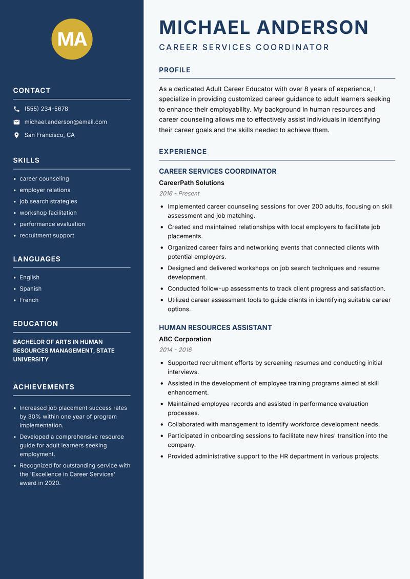 Adult Career Educator resume example