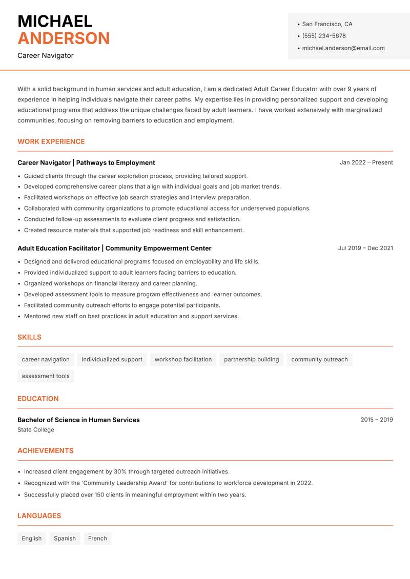 Adult Career Educator resume sample — Career Navigator focus