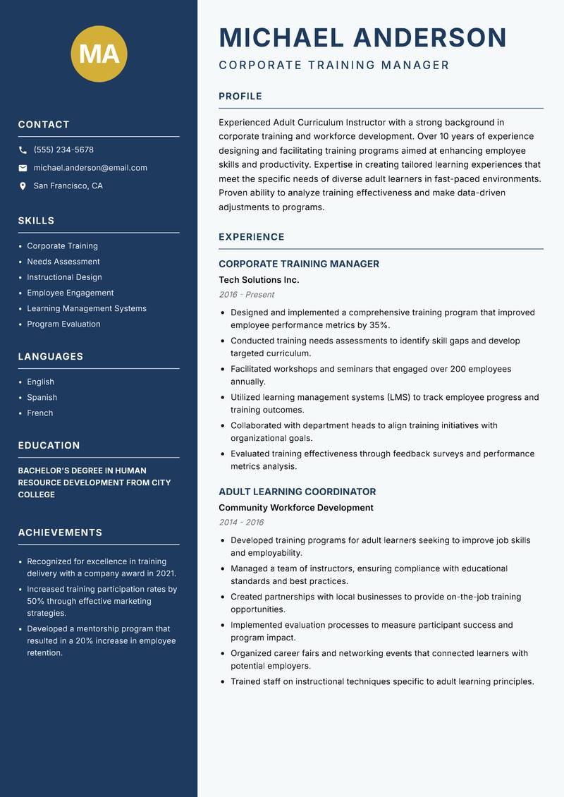 Adult Curriculum Instructor resume sample — Corporate Training Manager focus
