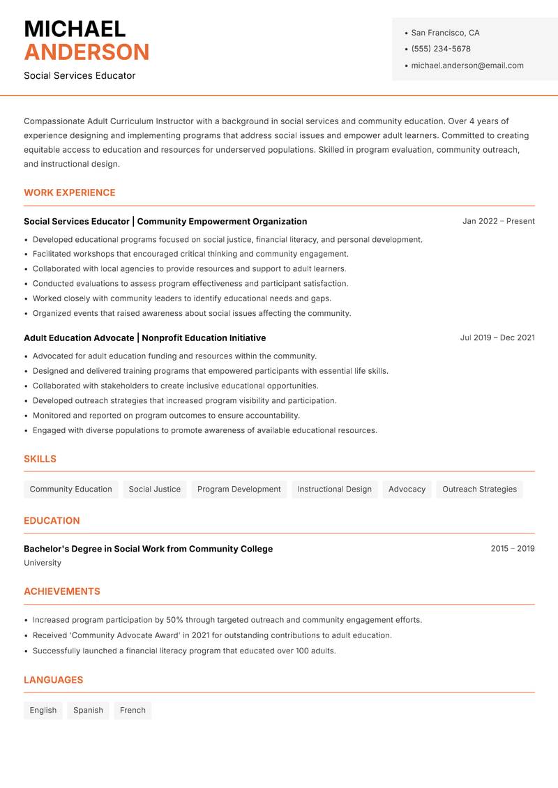 Adult Curriculum Instructor resume sample — Social Services Educator focus