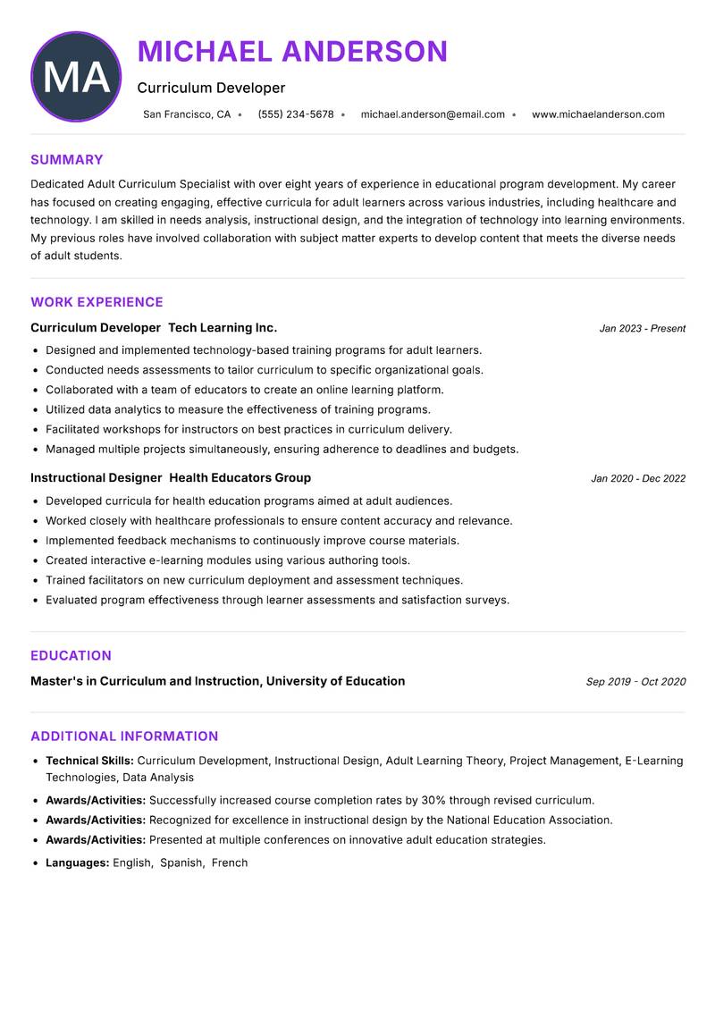 Adult Curriculum Specialist resume example