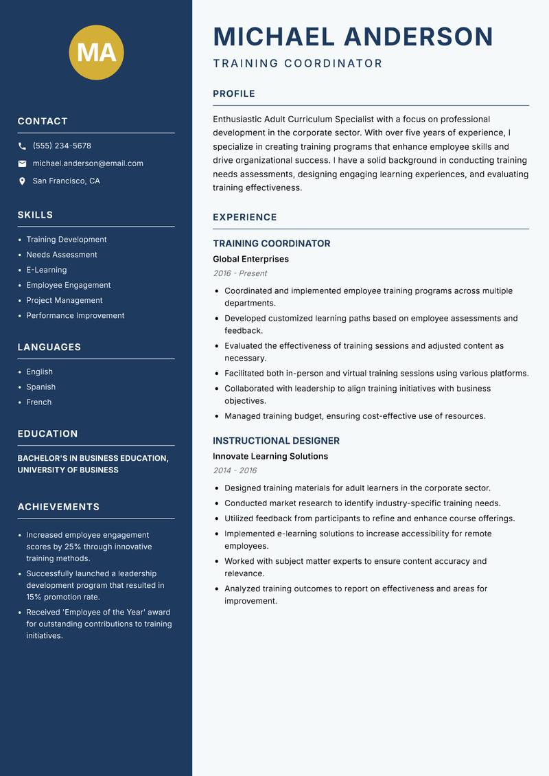 Adult Curriculum Specialist resume sample — Training Coordinator focus