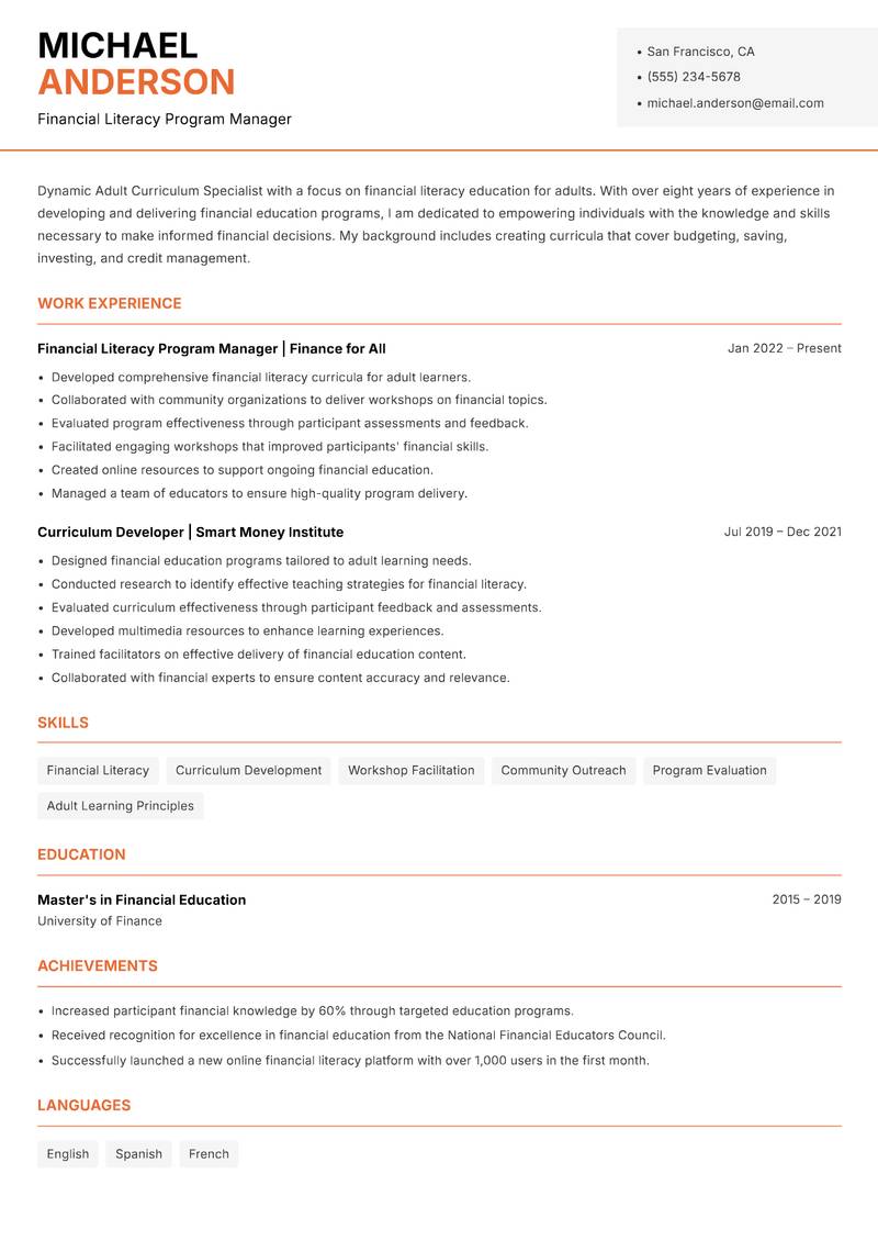 Adult Curriculum Specialist resume sample — Financial Literacy Program Manager focus