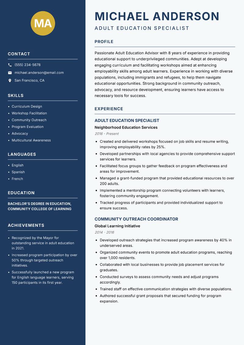 Adult Education Advisor resume sample — Adult Education Specialist focus