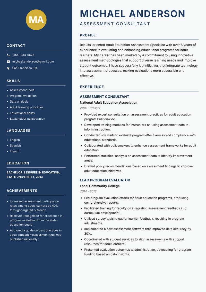 Adult Education Assessment Specialist resume sample — Assessment Consultant focus