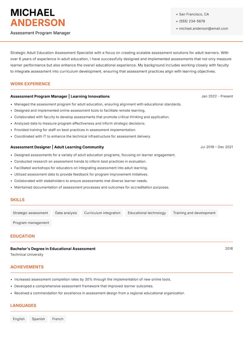 Adult Education Assessment Specialist resume sample — Assessment Program Manager focus