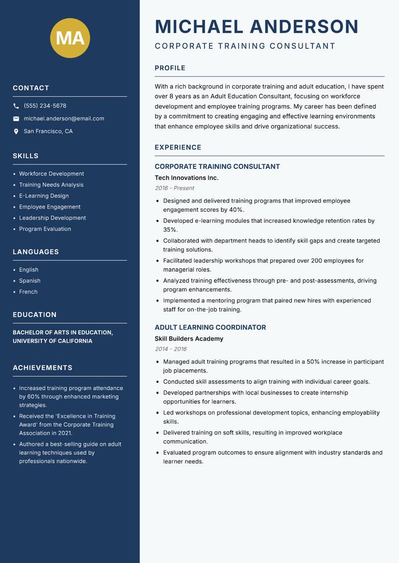 Adult Education Consultant resume sample — Corporate Training Consultant focus