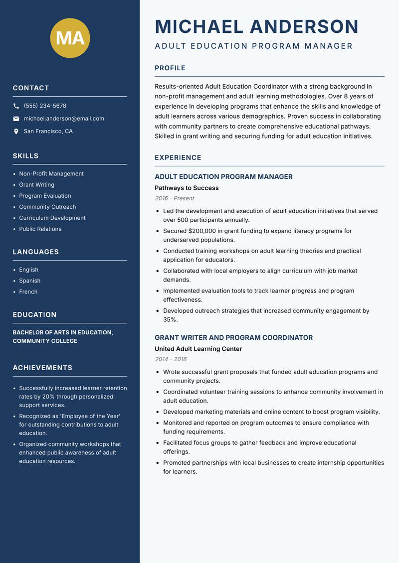 Adult Education Coordinator resume sample — Adult Education Program Manager focus
