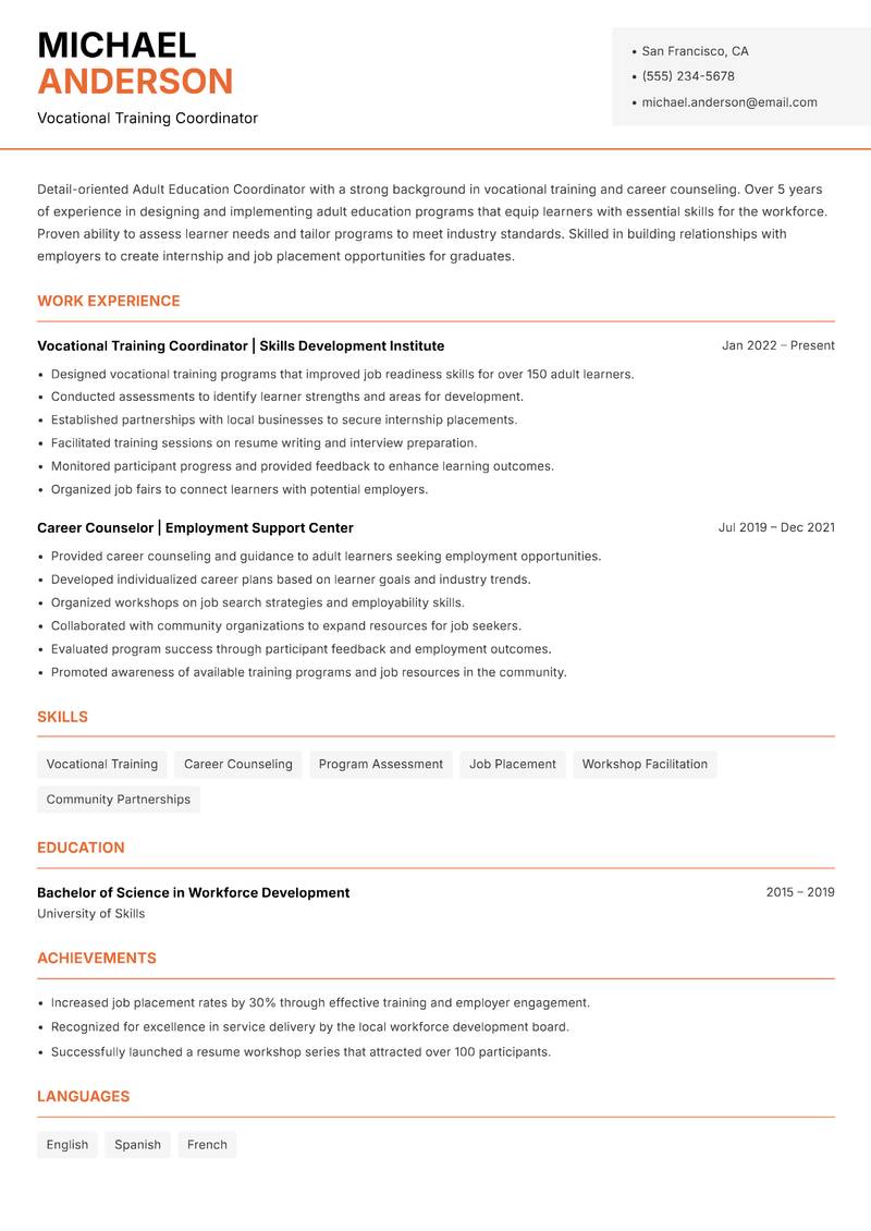 Adult Education Coordinator resume sample — Vocational Training Coordinator focus