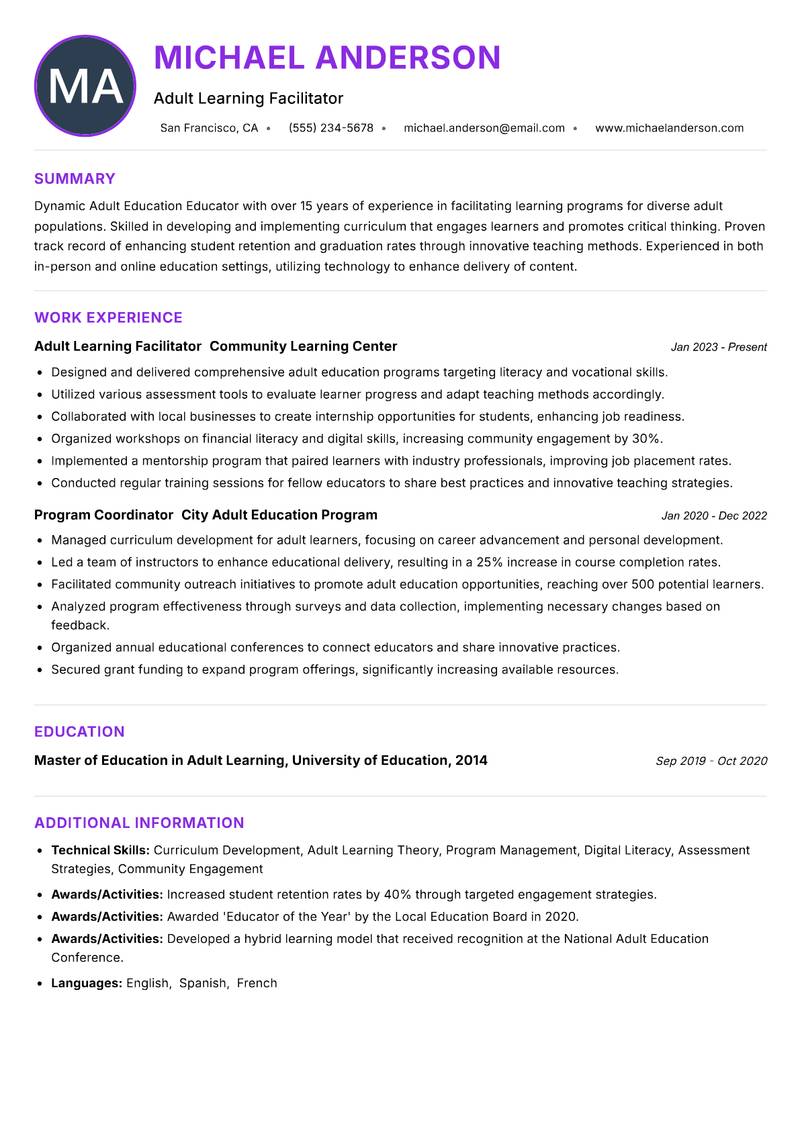 Adult Education Educator resume example