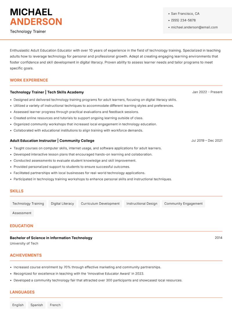 Adult Education Educator resume sample — Technology Trainer focus
