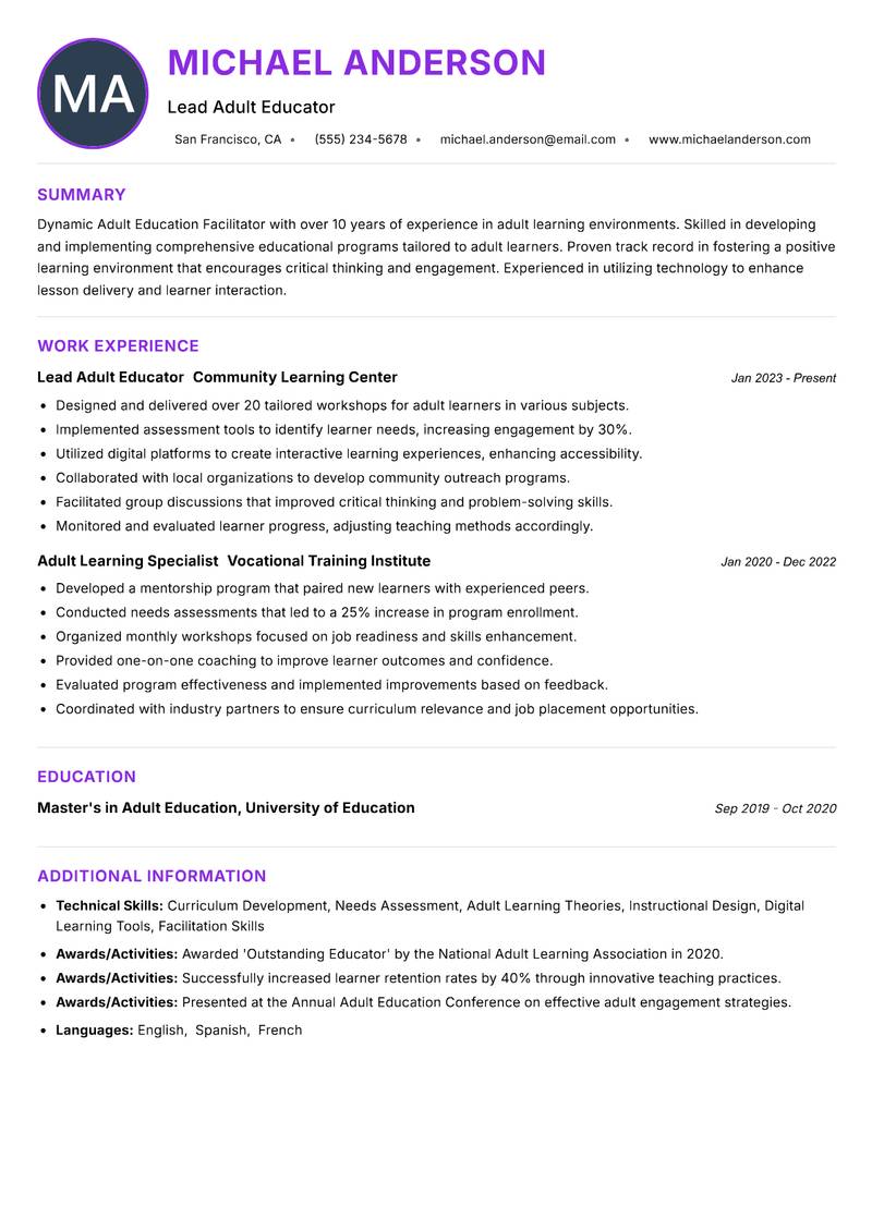 Adult Education Facilitator resume example