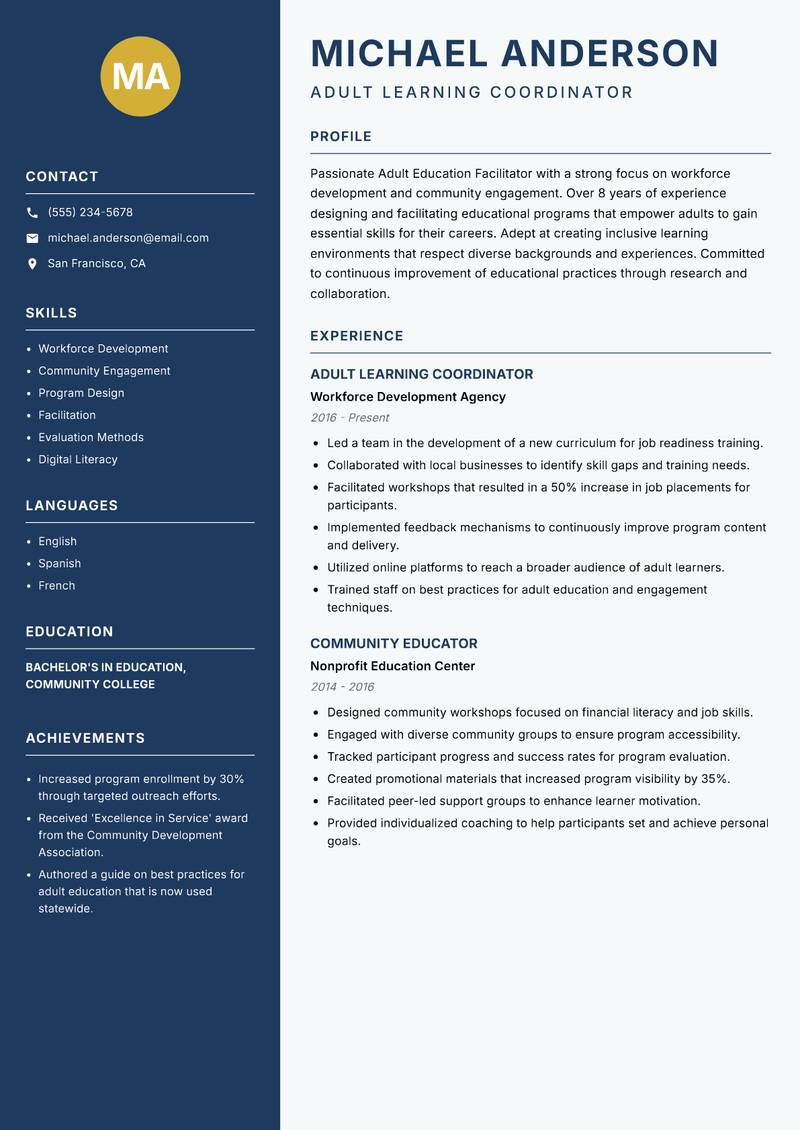 Adult Education Facilitator resume sample — Adult Learning Coordinator focus