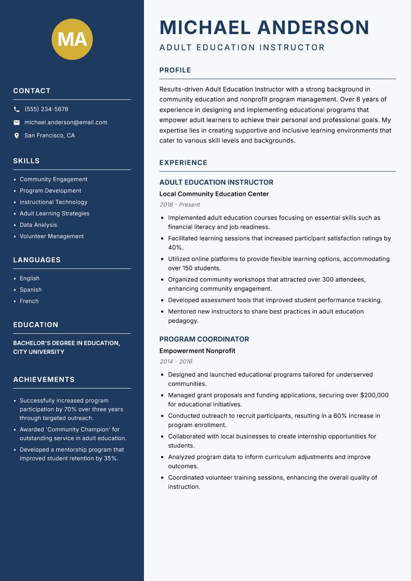 Adult Education Instructor resume sample — Adult Education Instructor focus