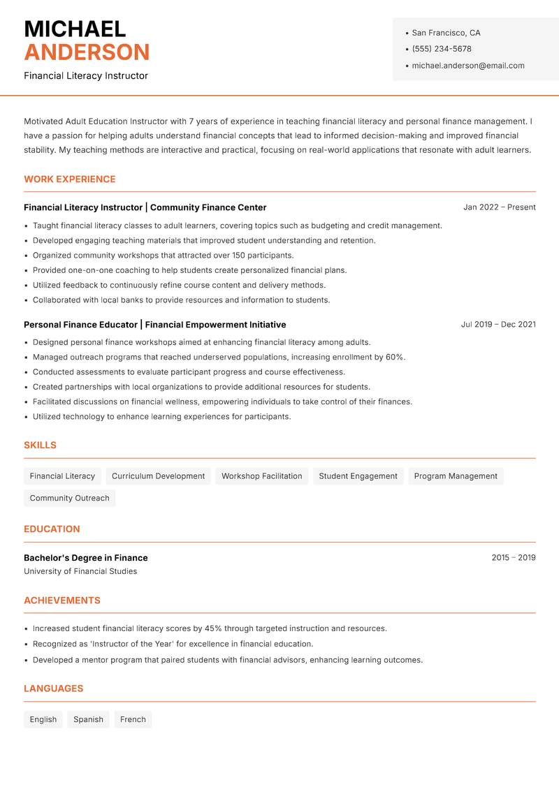 Adult Education Instructor resume sample — Financial Literacy Instructor focus