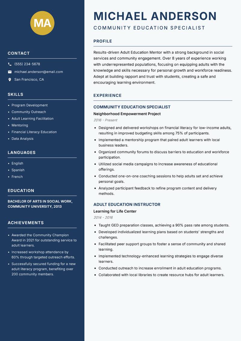 Adult Education Mentor resume sample — Community Education Specialist focus