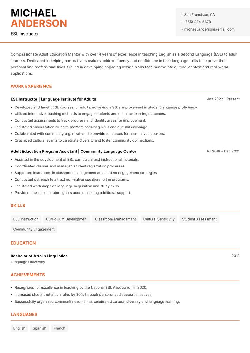 Adult Education Mentor resume sample — ESL Instructor focus