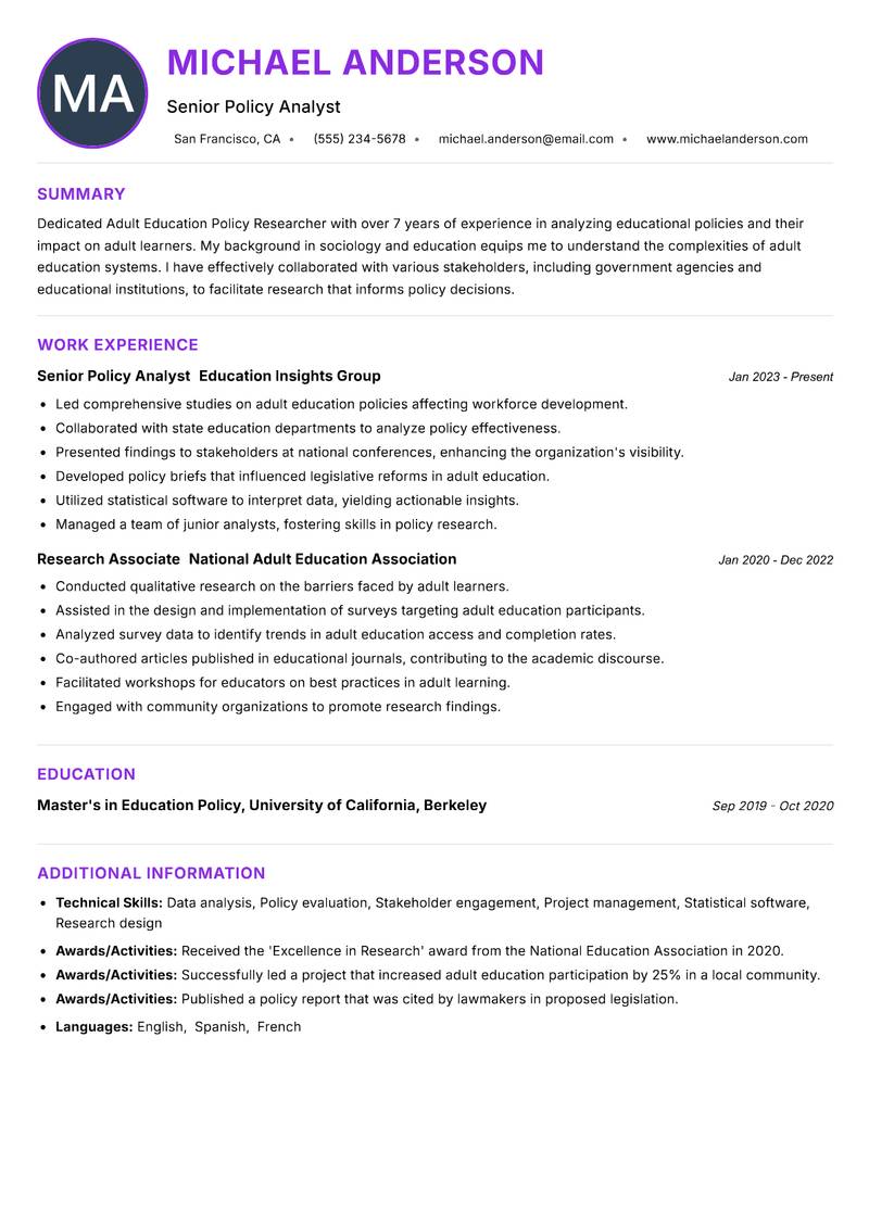 Adult Education Policy Researcher resume example