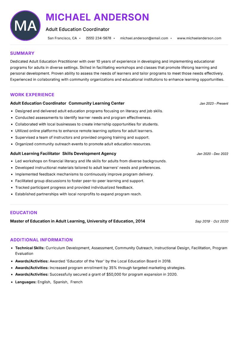 Adult Education Practitioner resume example