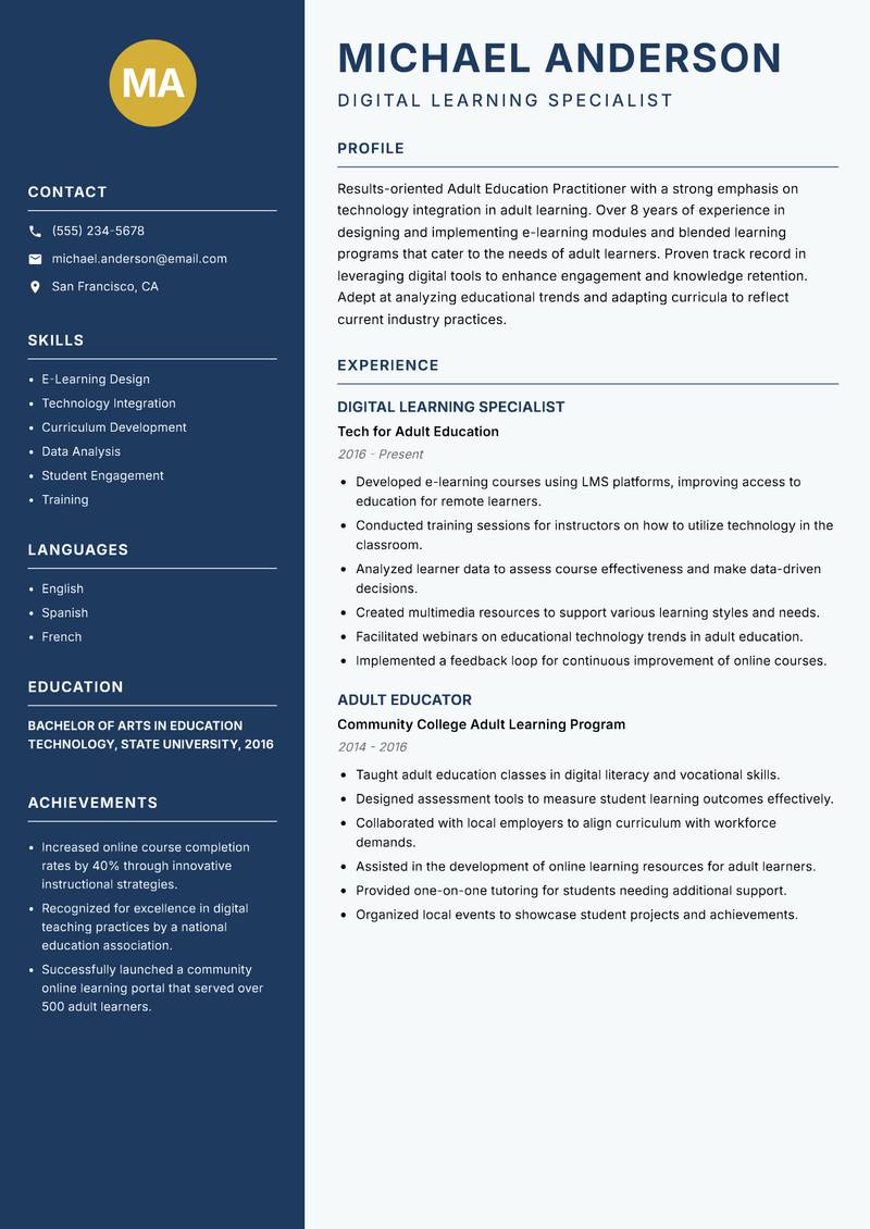 Adult Education Practitioner resume sample — Digital Learning Specialist focus