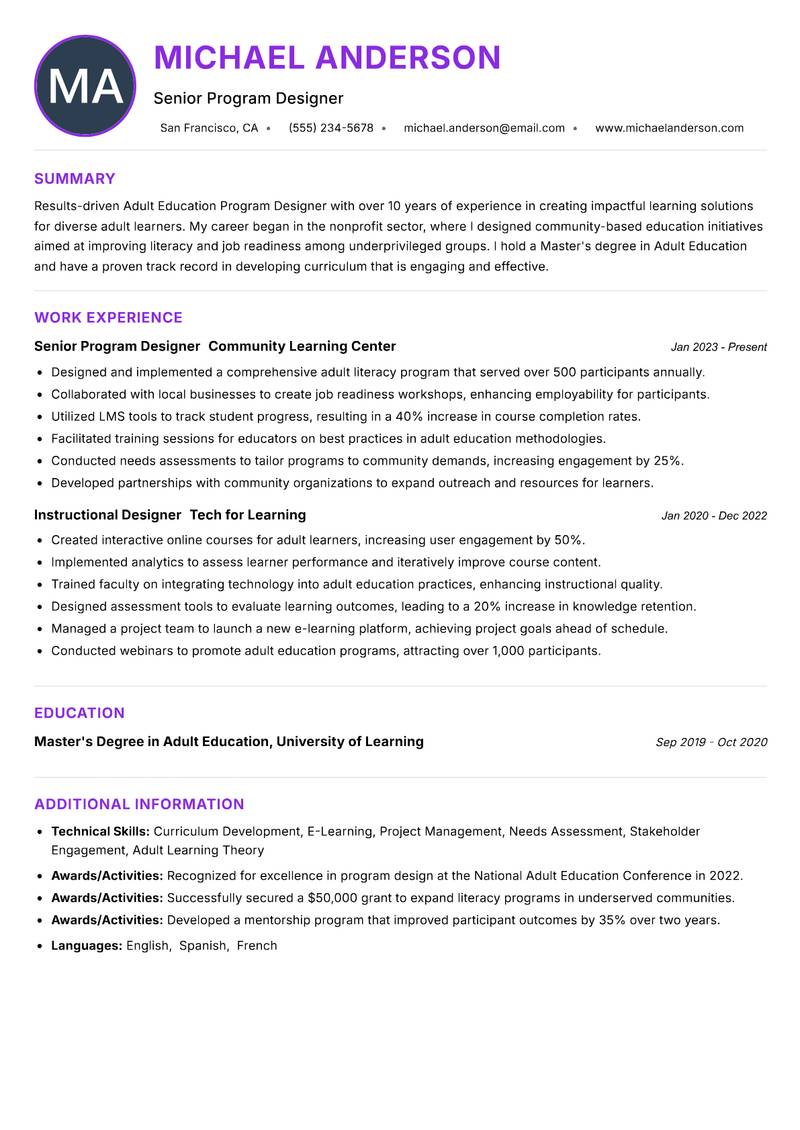 Adult Education Program Designer resume example
