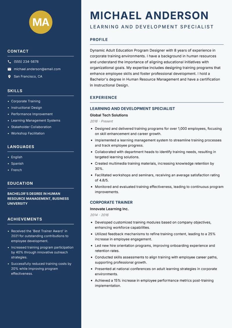 Adult Education Program Designer resume sample — Learning and Development Specialist focus