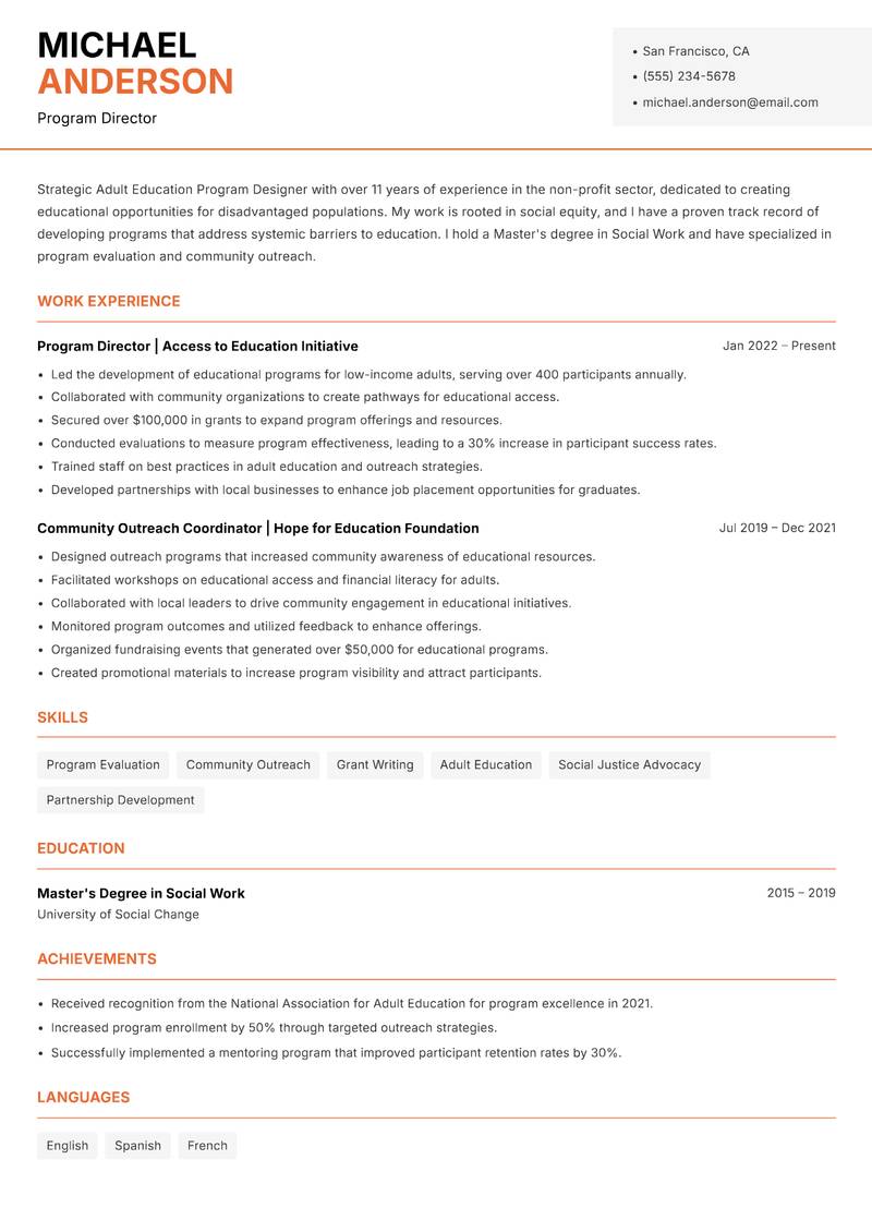 Adult Education Program Designer resume sample — Program Director focus