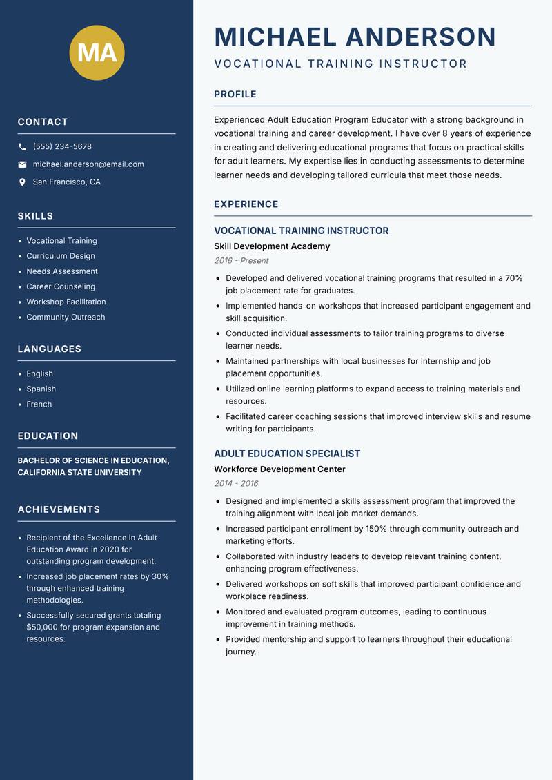 Adult Education Program Educator resume sample — Vocational Training Instructor focus