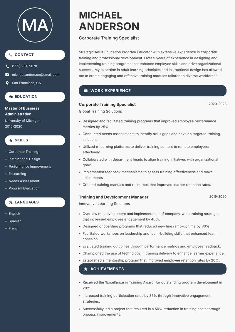 Adult Education Program Educator resume sample — Corporate Training Specialist focus
