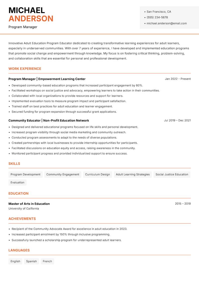 Adult Education Program Educator resume sample — Program Manager focus