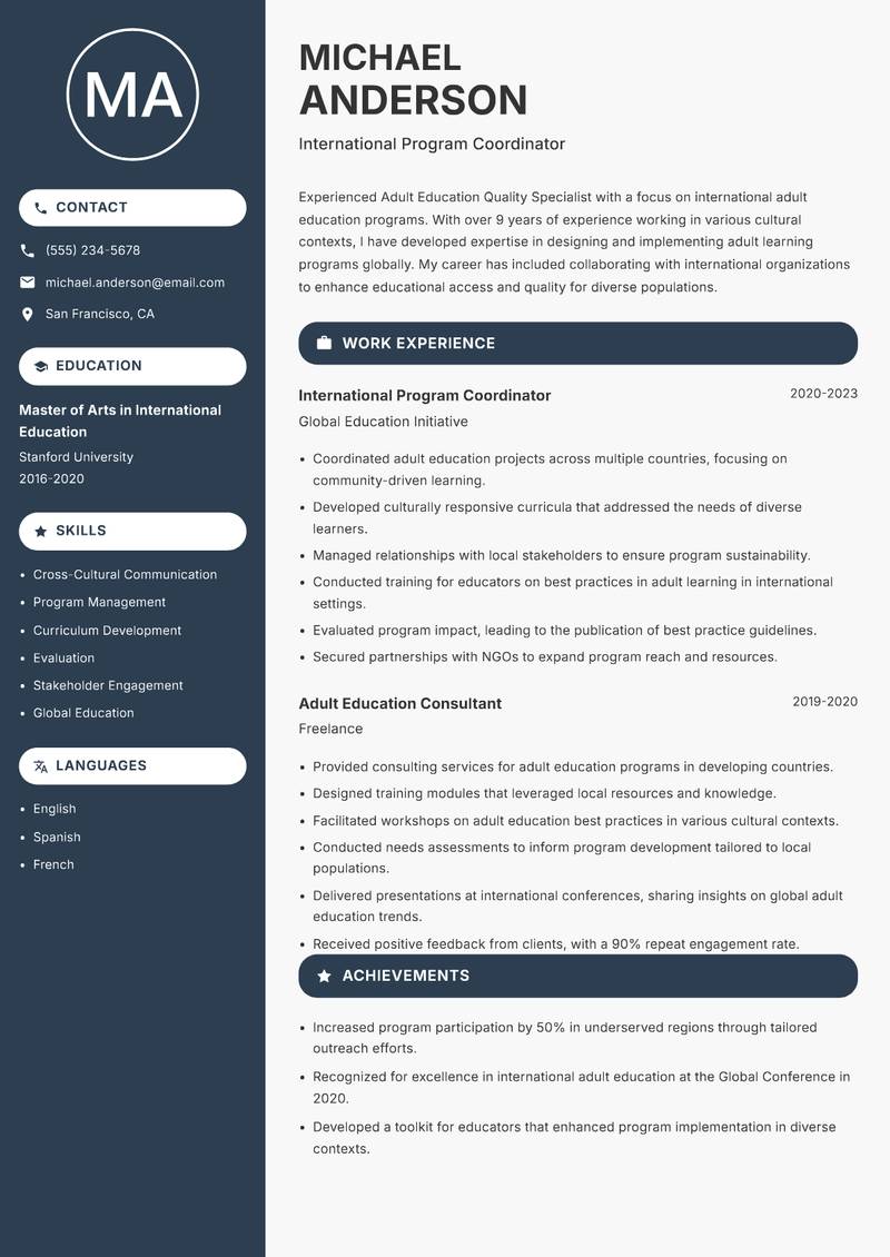 Adult Education Quality Specialist resume sample — International Program Coordinator focus