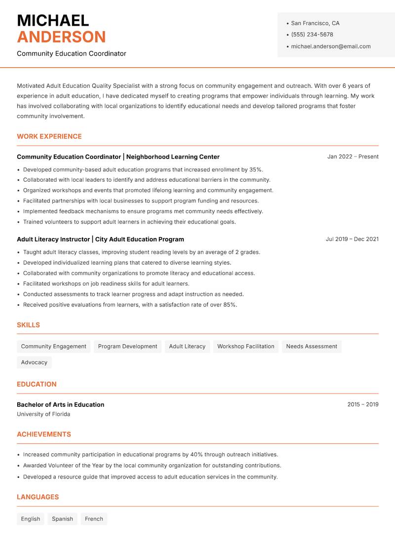 Adult Education Quality Specialist resume sample — Community Education Coordinator focus