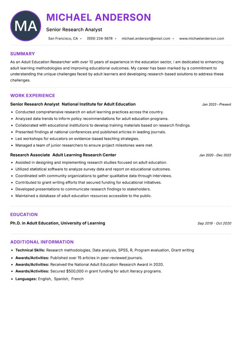 Adult Education Researcher resume example