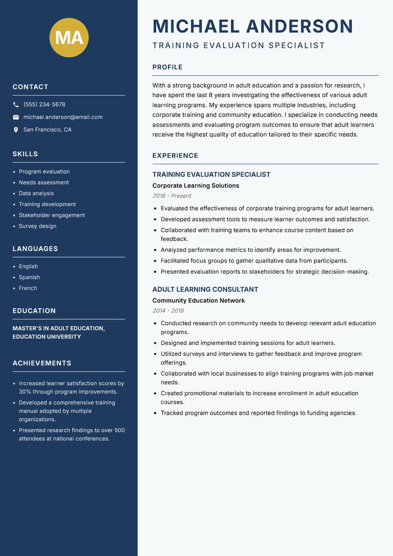 Adult Education Researcher resume sample — Training Evaluation Specialist focus