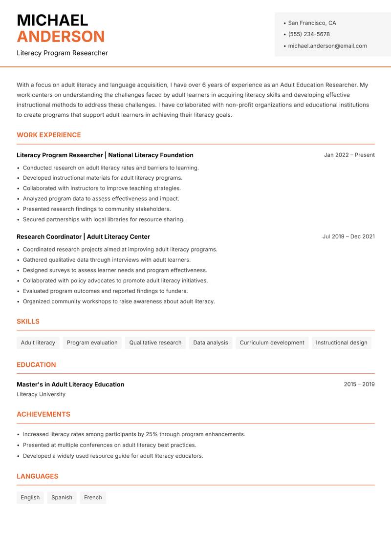 Adult Education Researcher resume sample — Literacy Program Researcher focus