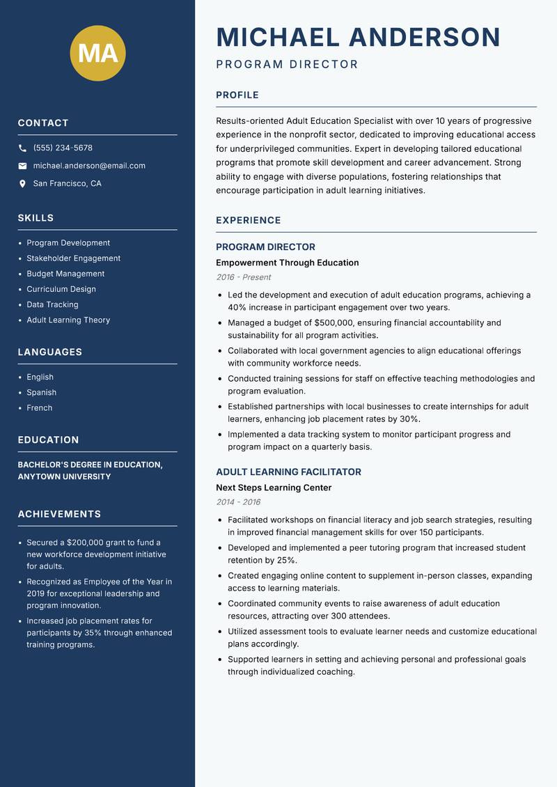 Adult Education Specialist resume sample — Program Director focus