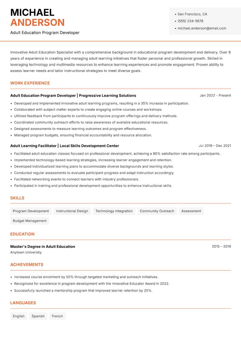 Adult Education Specialist resume sample — Adult Education Program Developer focus