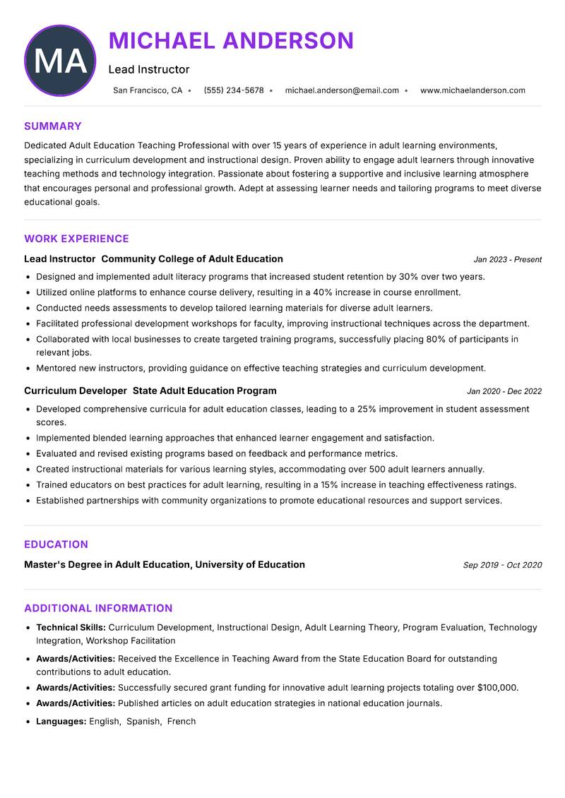 Adult Education Teaching Professional resume example