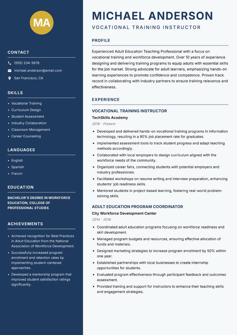 Adult Education Teaching Professional resume sample — Vocational Training Instructor focus