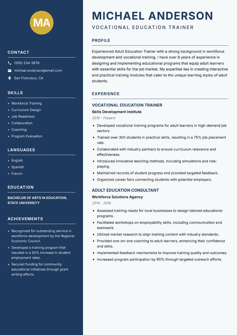 Adult Education Trainer resume sample — Vocational Education Trainer focus